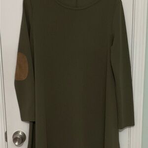 Olive Green Long Sleeve Dress with Tan Elbow Patches